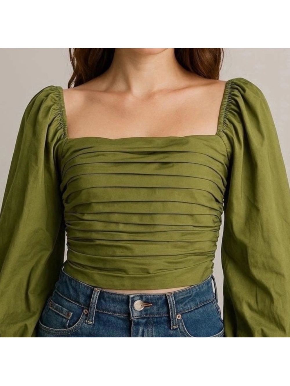 Abercrombie & Fitch Green Square-Neck Ruched Puff-Sleeve  Top